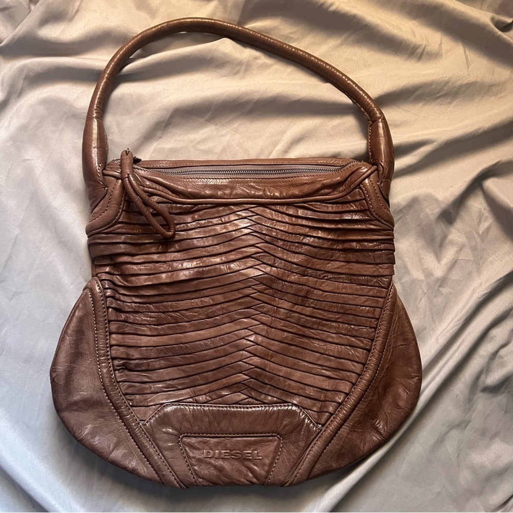 Diesel Chestnut Brown Pleated Leather Shoulder Bag